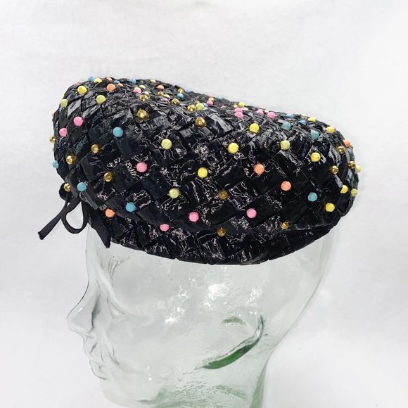Vintage Black Rainbow Neon Rhinestone Studded Beret main image 8